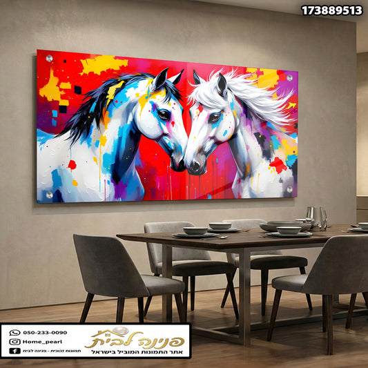 תמונה של סוסים צבעוניים על קירות - תמונות קיר - צבעים אדום וכחול