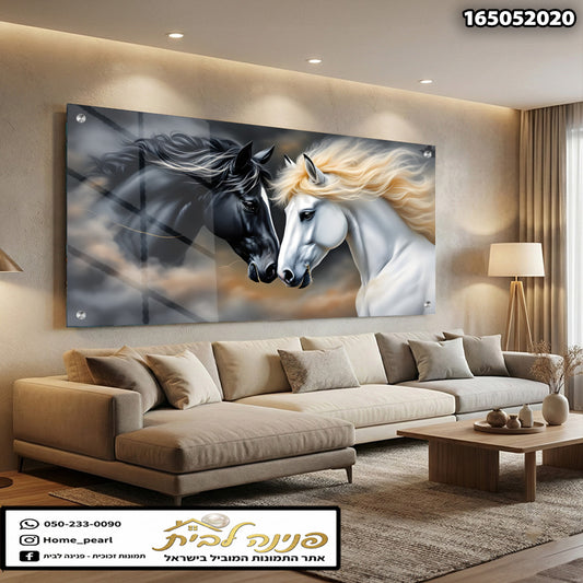 תמונה של סוסים שחורים ולבנים על קיר סלון - תמונות קיר - צבעים בשחור ולבן