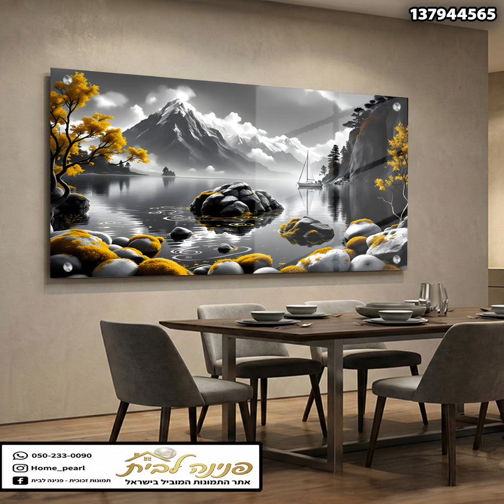 תמונות זכוכית - נוף אגם הרים מונוכרומטי עם נגיעות זהב תמונות זכוכית לסלון תמונות לבית תמונות קיר הדפסה על זכוכית