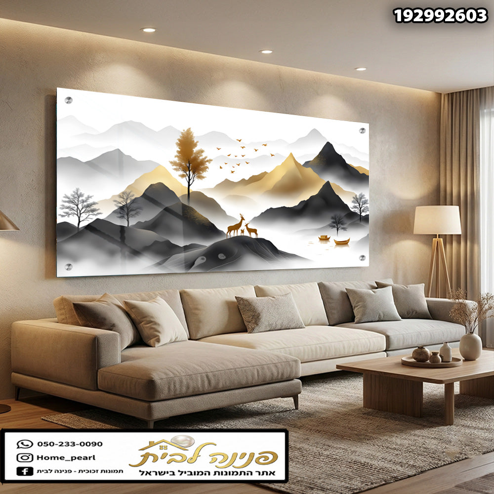 תמונות זכוכית - נוף הררי ערפילי בגווני שחור וזהב עם איילים וציפורים תמונות זכוכית לסלון תמונות לבית תמונות קיר הדפסה על זכוכית