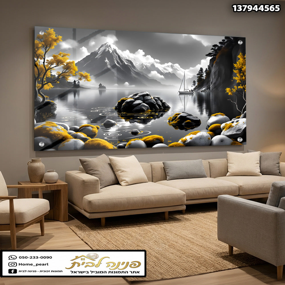 תמונה של נוף הרים ושקיעה - תמונות קיר - צבעים שחור, לבן, צהוב