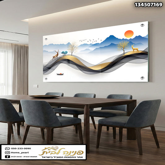 תמונה של נוף עם צבאים ועצים - תמונות נוי - צבעים בירוק, כחול וזהב