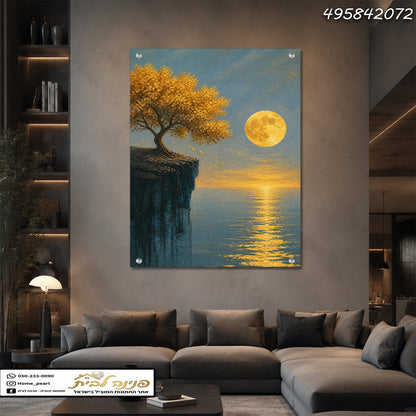 תמונה של נוף עם עץ וירח מלא - תמונות קיר - זהב וכחול