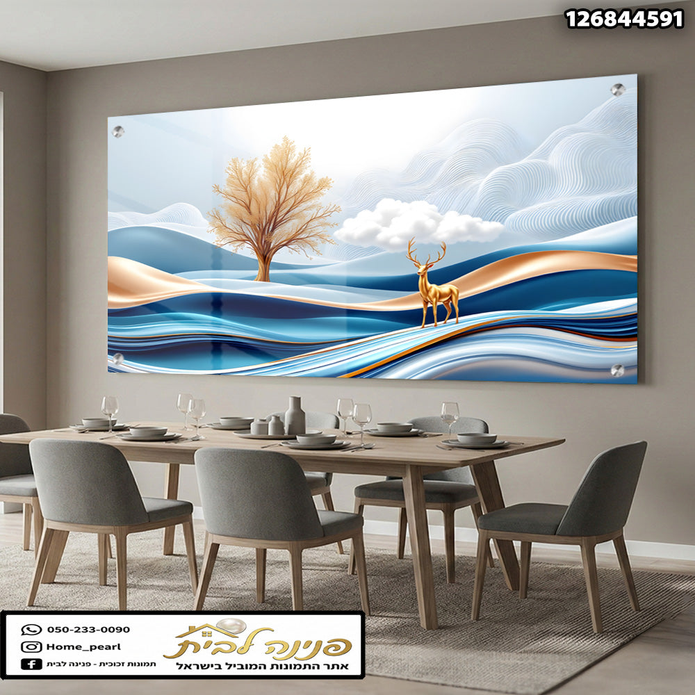 תמונות זכוכית - נוף גלים כחולים עם אייל זהוב ועץ ענברי תמונות זכוכית לסלון תמונות לבית תמונות קיר הדפסה על זכוכית
