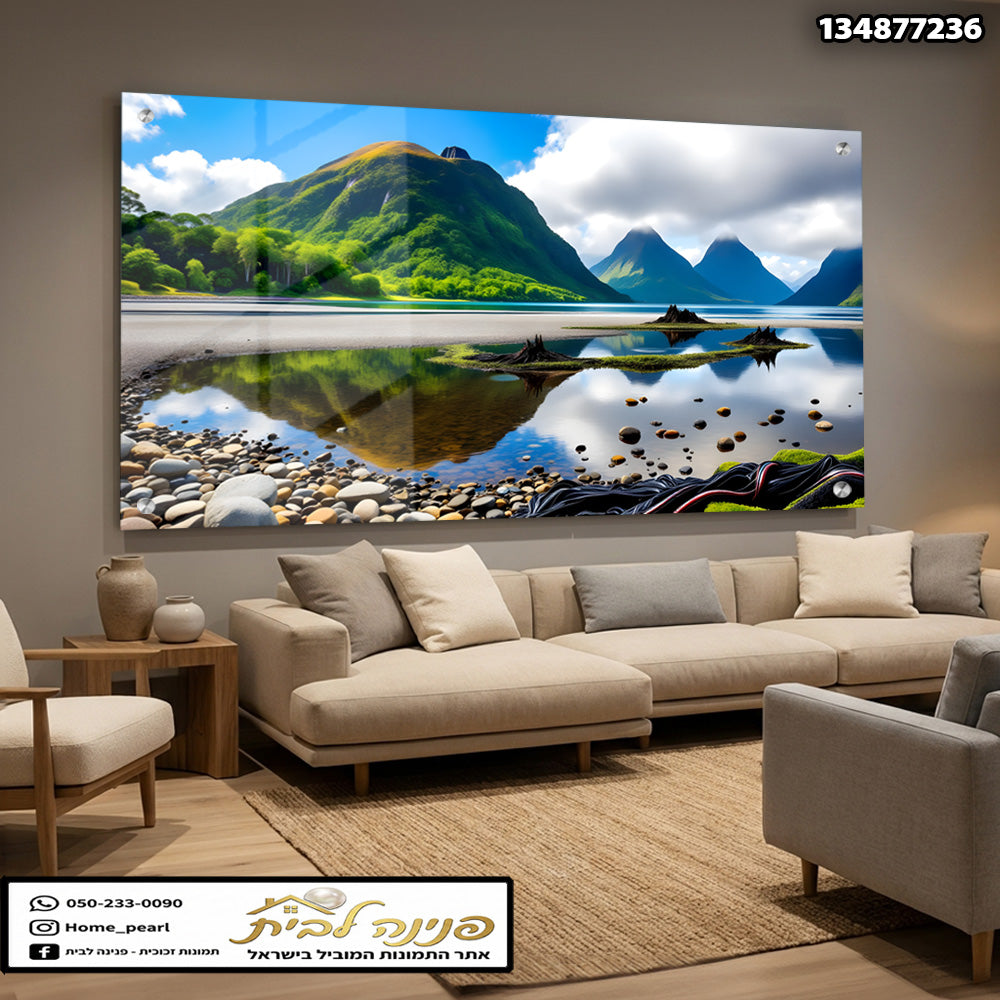 תמונה של נוף הרים עם מים - תמונות זכוכית - צבעים כחול ירוק