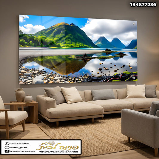 תמונה של נוף הרים עם מים - תמונות זכוכית - צבעים כחול ירוק