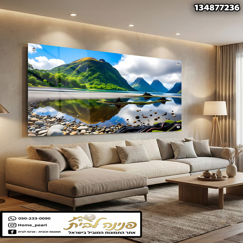 תמונה של נוף יפה על זכוכית - תמונות זכוכית - צבעים ירוק וכחול