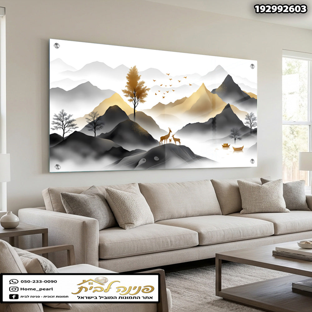 תמונות זכוכית - נוף הררי ערפילי בגווני שחור וזהב עם איילים וציפורים תמונות זכוכית לסלון תמונות לבית תמונות קיר הדפסה על זכוכית