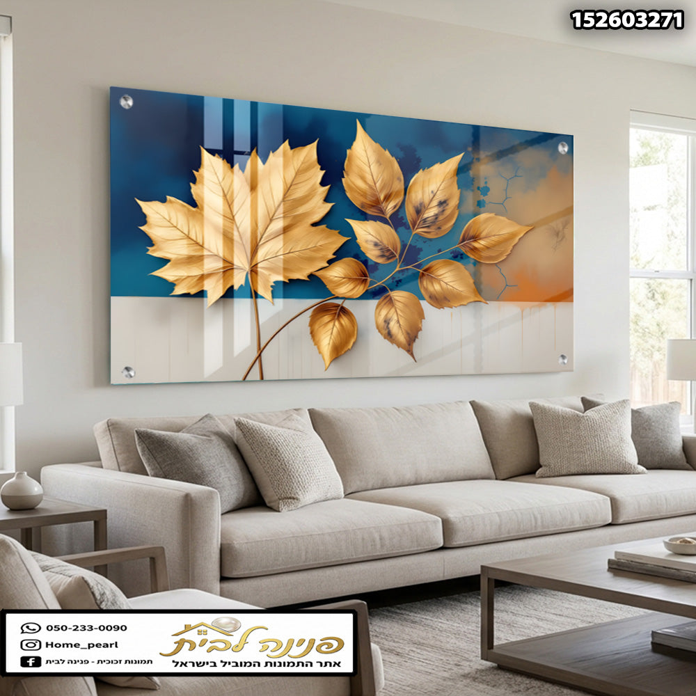 תמונה של עלים מעוטרים על קיר - תמונות נוי - זהב וכחול