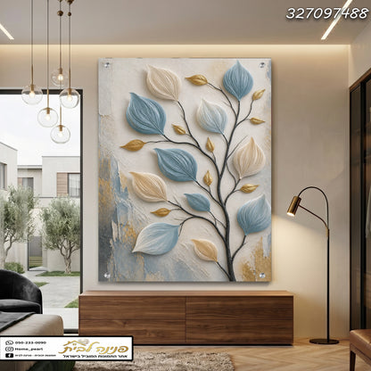 תמונה של קיר עם עלים בצבעים של כחול, זהב ולבן - תמונות לבית - צבעים כחול, זהב ולבן