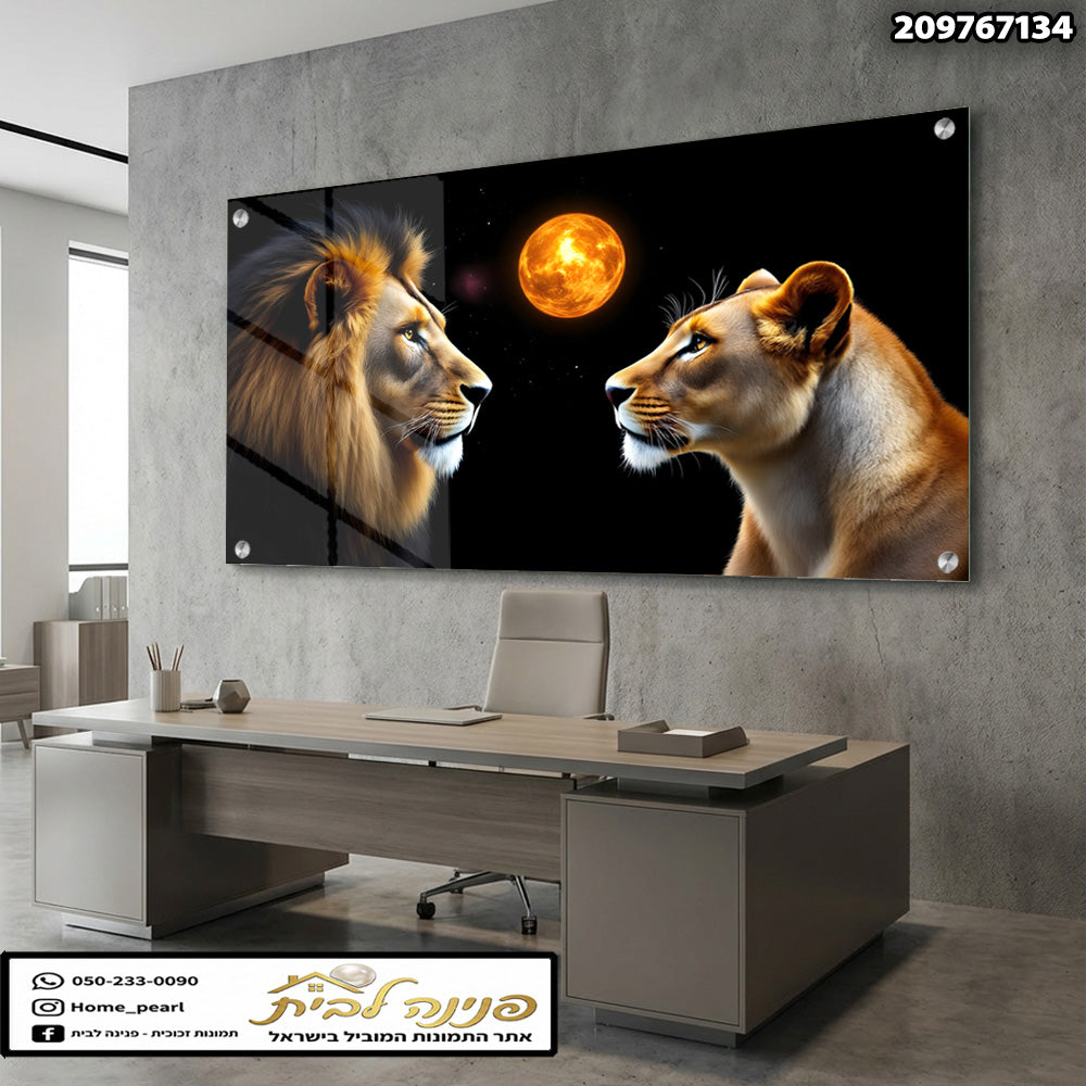 עבודת אמנות של אריות על קיר - תמונות קיר - צבעים שחור וכתום