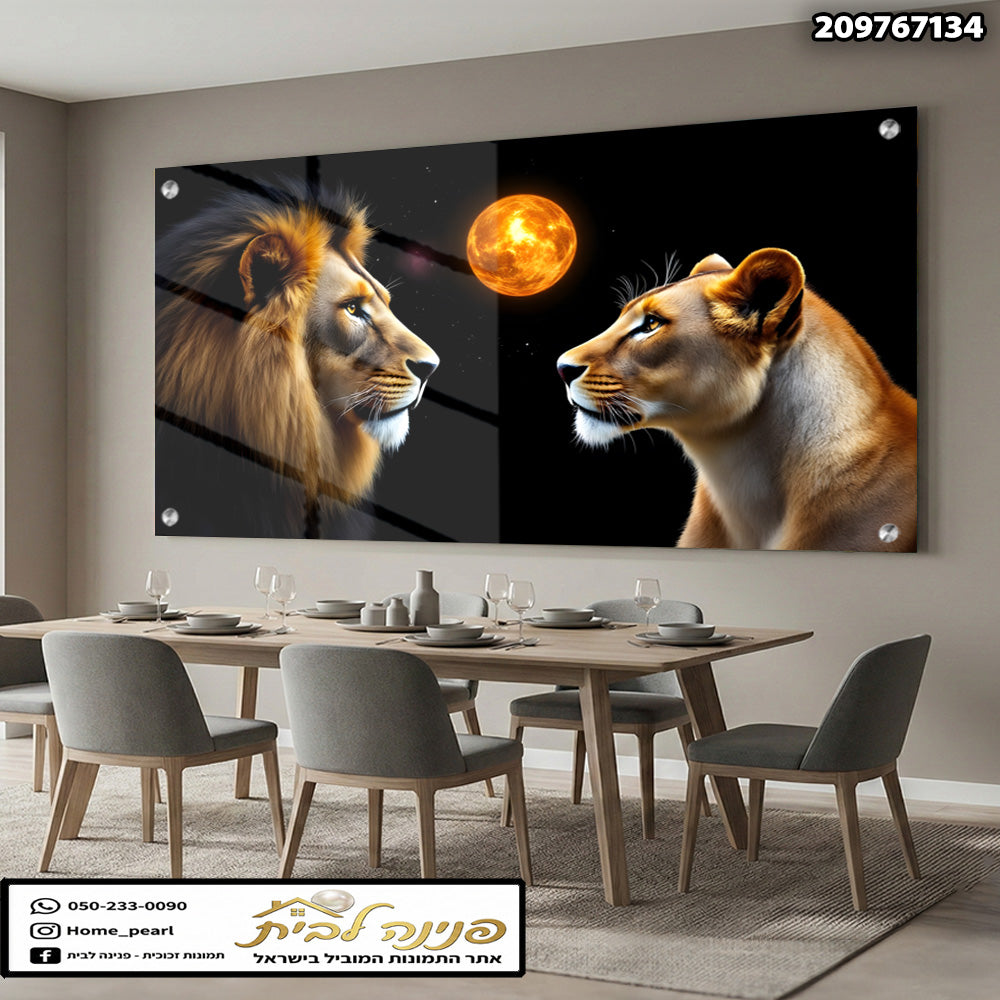 ציור אריה וחזיר עם ירח על קיר - תמונות קיר - צבעים שחור, חום, כתום
