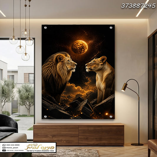 תמונה של Lions על קיר לסלון - תמונות לסלון - צבעים שחור וכתום
