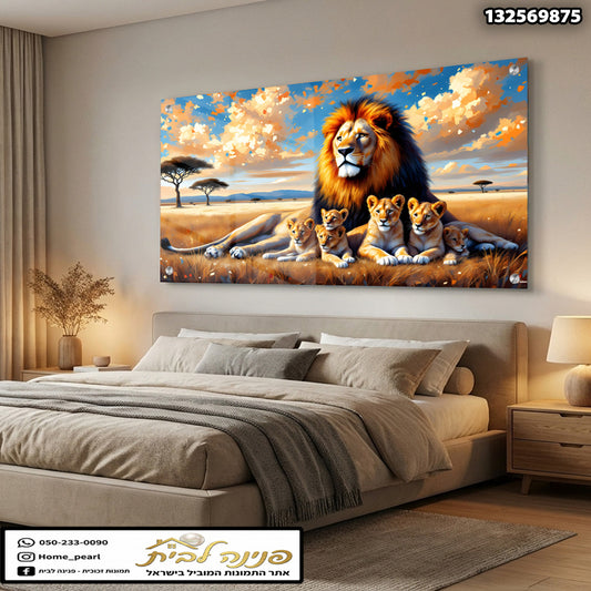 תמונה של משפחת אריות על קיר - תמונות נוי - צבעים כתום וכחול