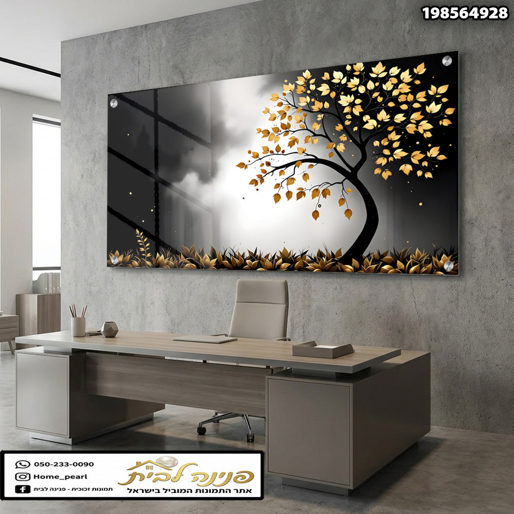 תמונה מודרנית של עץ עם עלים צהובים בחדר משרד - תמונות נוי - צבעים בשחור וצהוב
