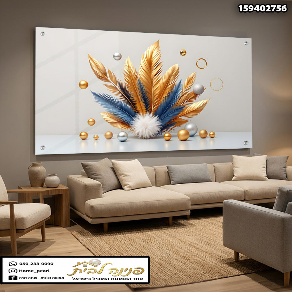 תמונה מודרנית של אומנות על קיר - תמונות קיר - צבעים כחול, זהב ולבן