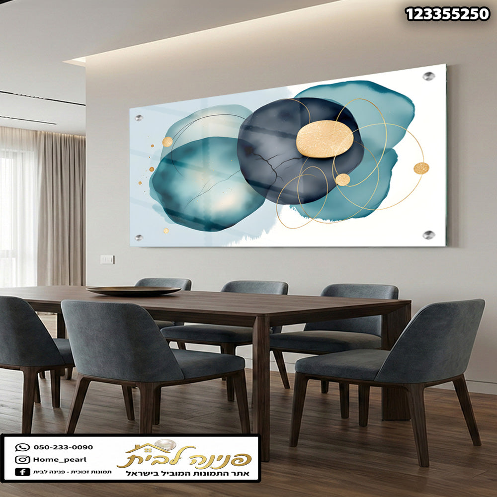 חדר אוכל עם תמונה מודרנית על קיר - תמונות נוי - צבעים כחול וזהב