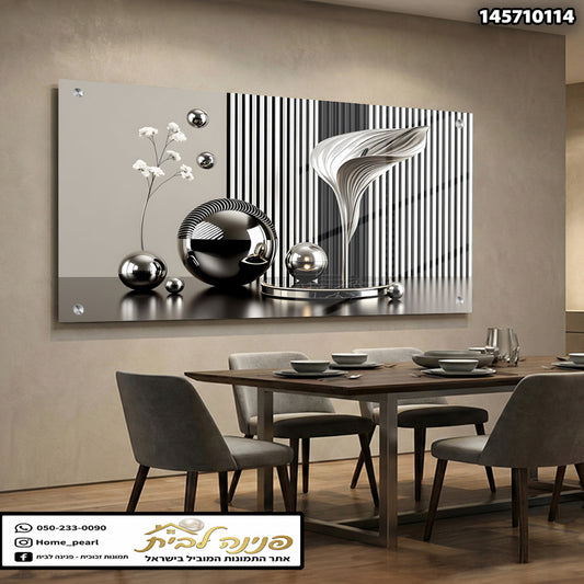 תמונה מודרנית של עבודת אמנות עם פרחים וכדורים - הדפסה על זכוכית - צבעים שחור ולבן