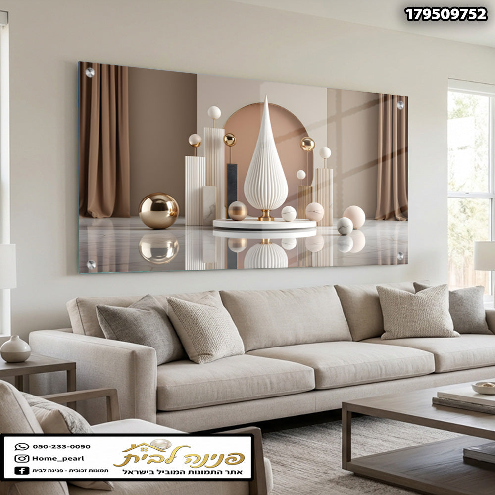 תמונה מודרנית על קיר עם עיצוב זכוכית - תמונות לבית - צבעים של לבן, חום וזהב