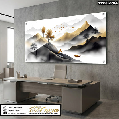 נוף הרים עם עצים וזוג צבאים על רקע גן עדן - תמונות לבית - שחור לבן וזהב