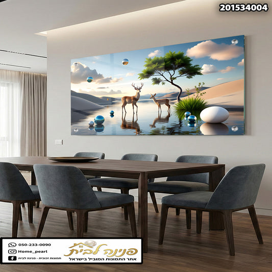 תמונה של יער עם איילים וגבעול במים - תמונות נוי - צבעים כחול, ירוק, חום