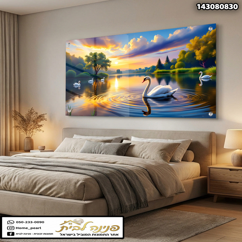 תמונה של ברווזים בבריכה עם נוף שקט - תמונות קיר - צבעים כחול, כתום, ירוק