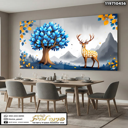 תמונה של ע deer תחת עץ כחול עם נוף הררי - תמונות נוי - כחול, צהוב, אפור
