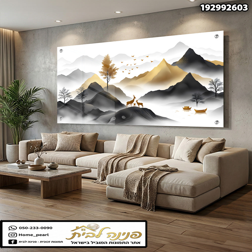 תמונות זכוכית - נוף הררי ערפילי בגווני שחור וזהב עם איילים וציפורים תמונות זכוכית לסלון תמונות לבית תמונות קיר הדפסה על זכוכית