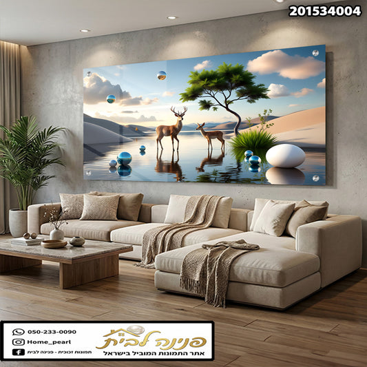 תמונה של נוף עם איילים ליד מים – הדפסה על זכוכית – צבעים כחול, ירוק וחום