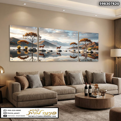 סט תמונות קיר של נוף הרים, עצים ואיילים מעל ספה בסלון - תמונות קיר