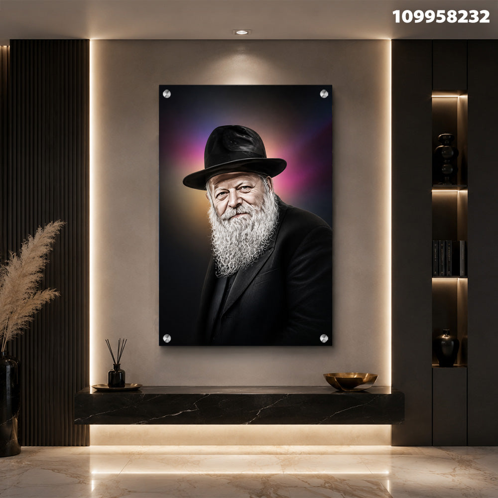 הדפסה על זכוכית - דיוקן רב חסידי עם הילה סגולה-זהובה תמונות זכוכית לסלון תמונות לבית תמונות קיר הדפסה על זכוכית