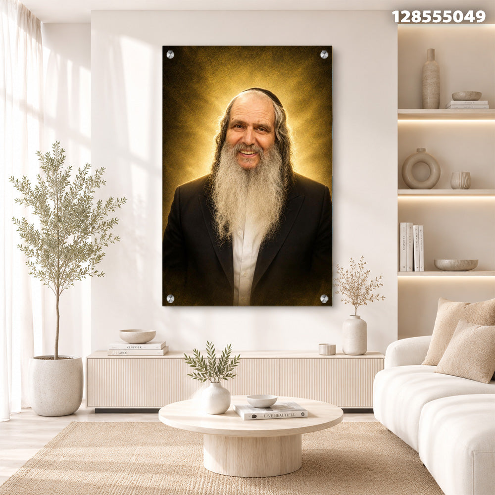 הדפסה על זכוכית - דיוקן רב מחויך עם הילה זהובה דרמטית תמונות זכוכית לסלון תמונות לבית תמונות קיר הדפסה על זכוכית