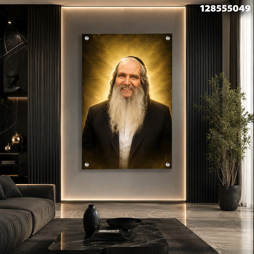הדפסה על זכוכית - דיוקן רב מחויך עם הילה זהובה דרמטית תמונות זכוכית לסלון תמונות לבית תמונות קיר הדפסה על זכוכית