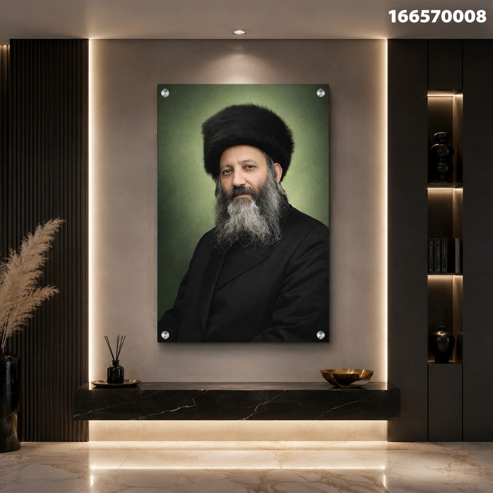 תמונות זכוכית - דיוקן רב חסידי עם שטריימל ורקע ירוק עמוק תמונות זכוכית לסלון תמונות לבית תמונות קיר הדפסה על זכוכית