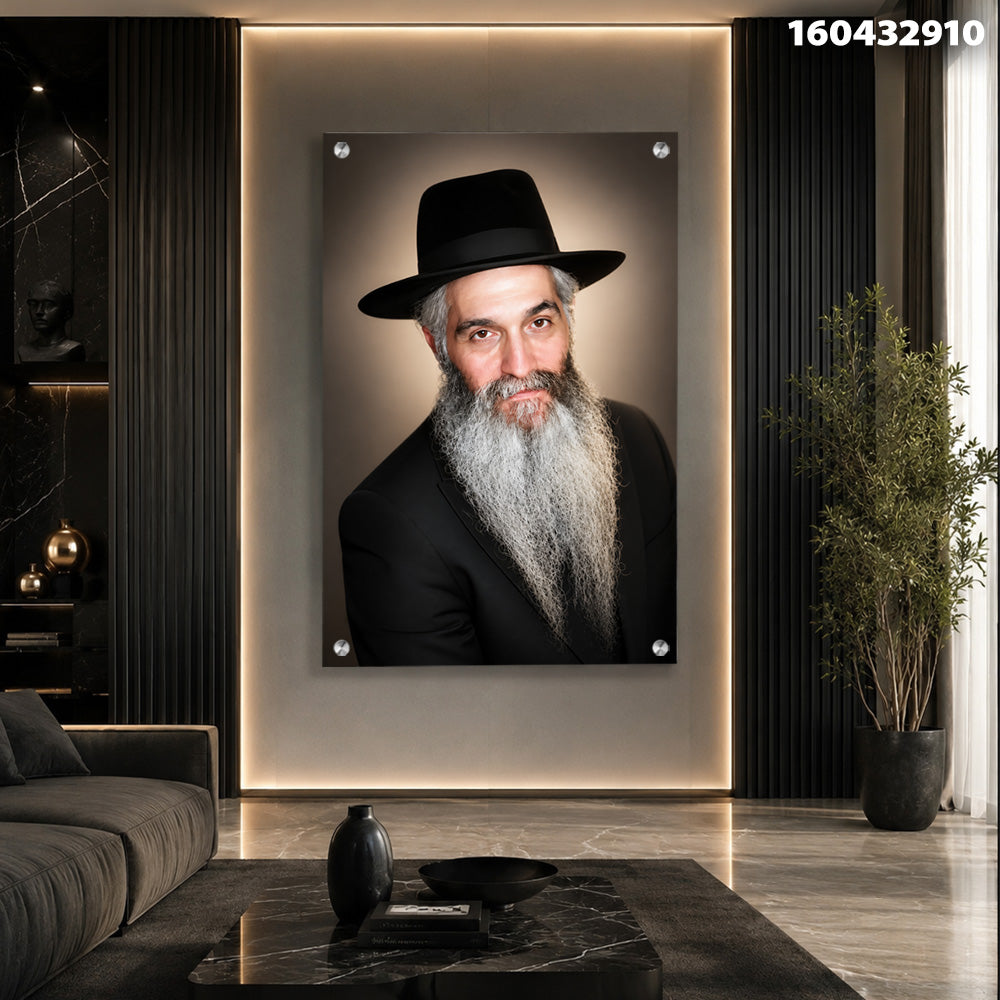 תמונות זכוכית - דיוקן רב מזוקן בכובע שחור עם אור הילה חמים תמונות זכוכית לסלון תמונות לבית תמונות קיר הדפסה על זכוכית