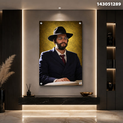 דיוקן של אדם במעיל עם כובע שחור על רקע צהוב - תמונות זכוכית - צבעים שחור וצהוב