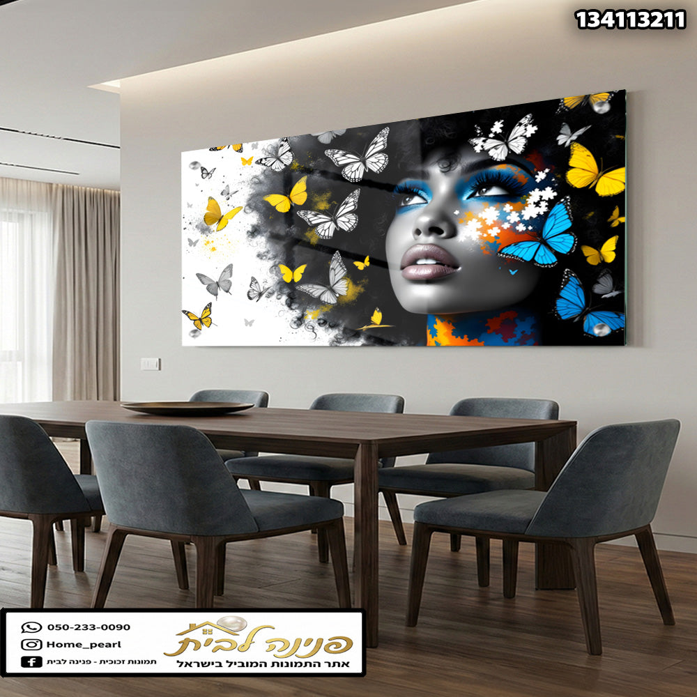 תמונות זכוכית - דיוקן אישה דרמטי עם פרפרים צהובים וכחולים תמונות זכוכית לסלון תמונות לבית תמונות קיר הדפסה על זכוכית