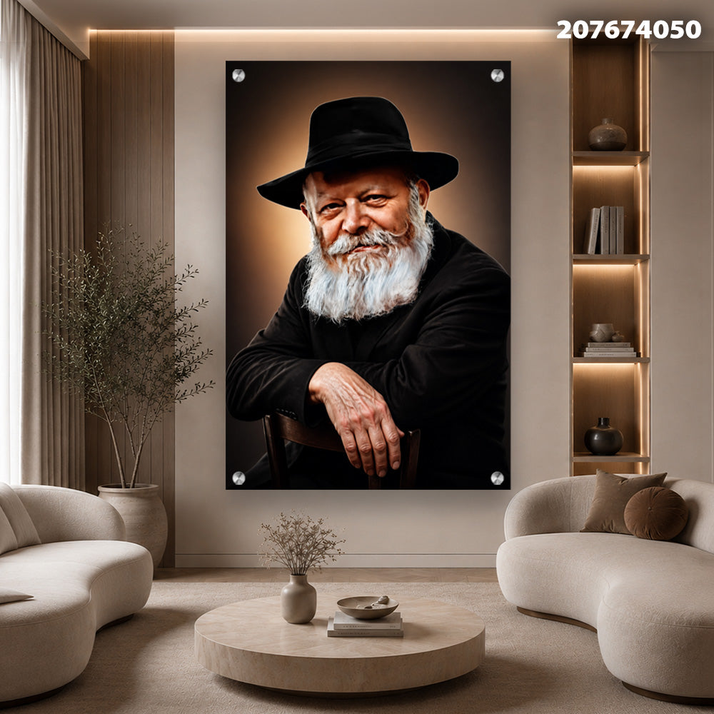 תמונות זכוכית - דיוקן רב מזוקן עם כובע שחור והילת אור חמה תמונות זכוכית לסלון תמונות לבית תמונות קיר הדפסה על זכוכית