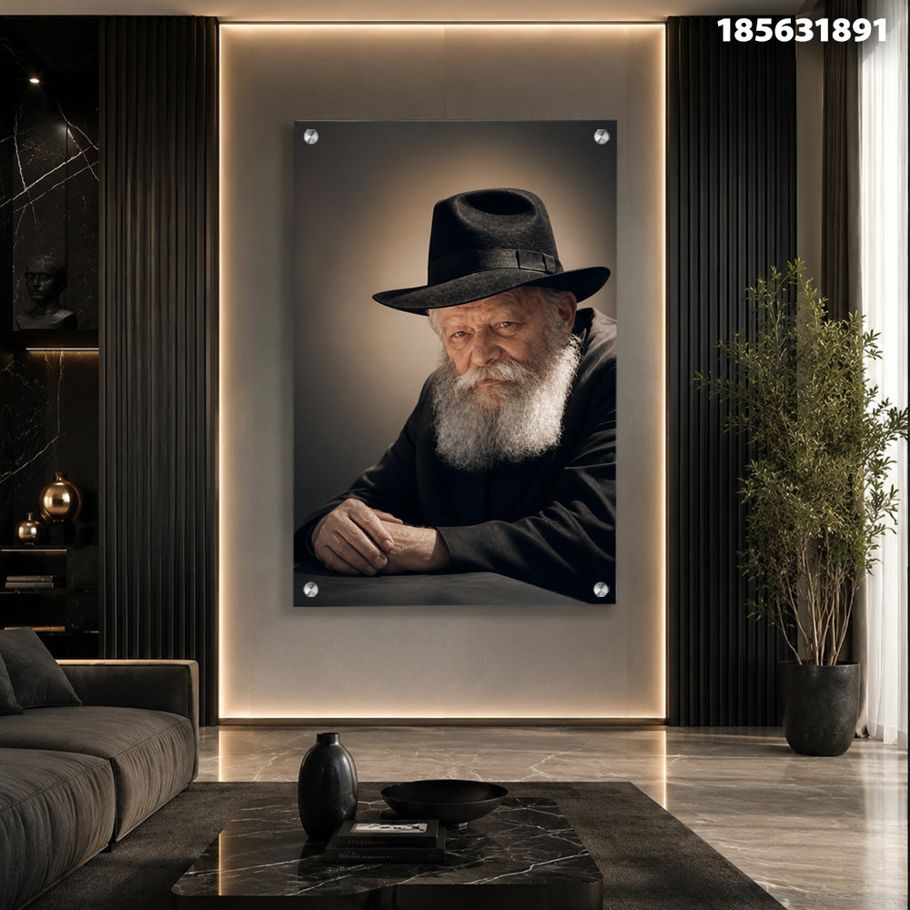 תמונות זכוכית - הרבי מחב''ד בכובע שחור ואור זהוב תמונות זכוכית לסלון תמונות לבית תמונות קיר הדפסה על זכוכית