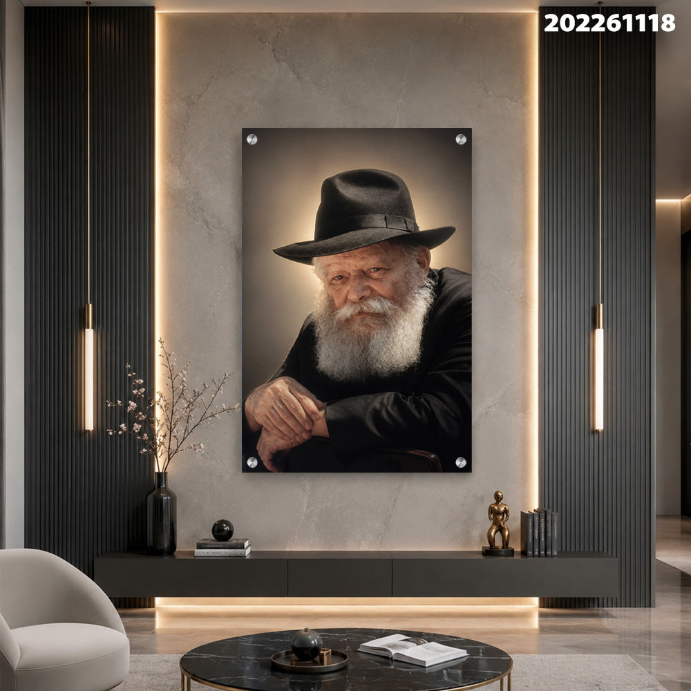 הדפסה על זכוכית - דיוקן רב מכובד עם כובע שחור והילה זהובה תמונות זכוכית לסלון תמונות לבית תמונות קיר הדפסה על זכוכית