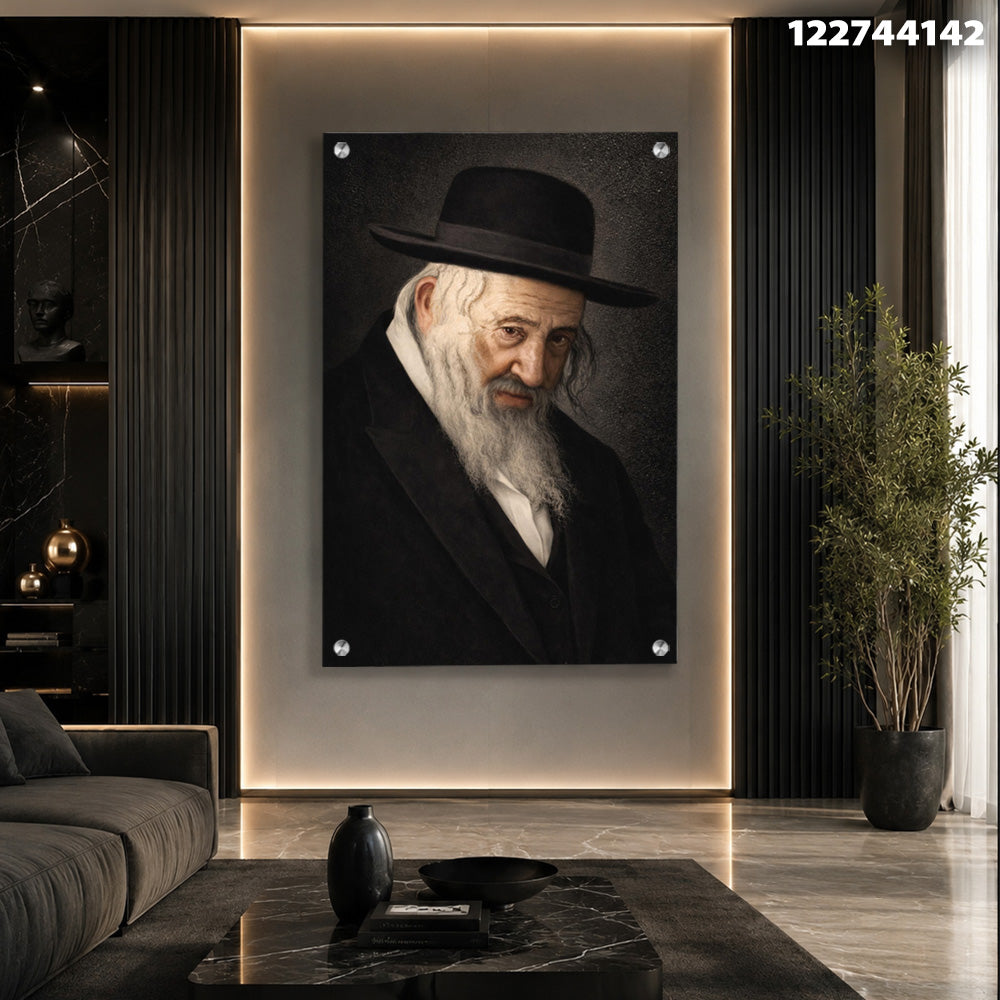 תמונות זכוכית - דיוקן רב מזוקן בכובע שחור במבט עמוק תמונות זכוכית לסלון תמונות לבית תמונות קיר הדפסה על זכוכית