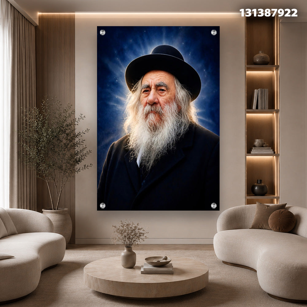 הדפסה על זכוכית - דיוקן רב מזוקן בהילה כחולה עמוקה תמונות זכוכית לסלון תמונות לבית תמונות קיר הדפסה על זכוכית