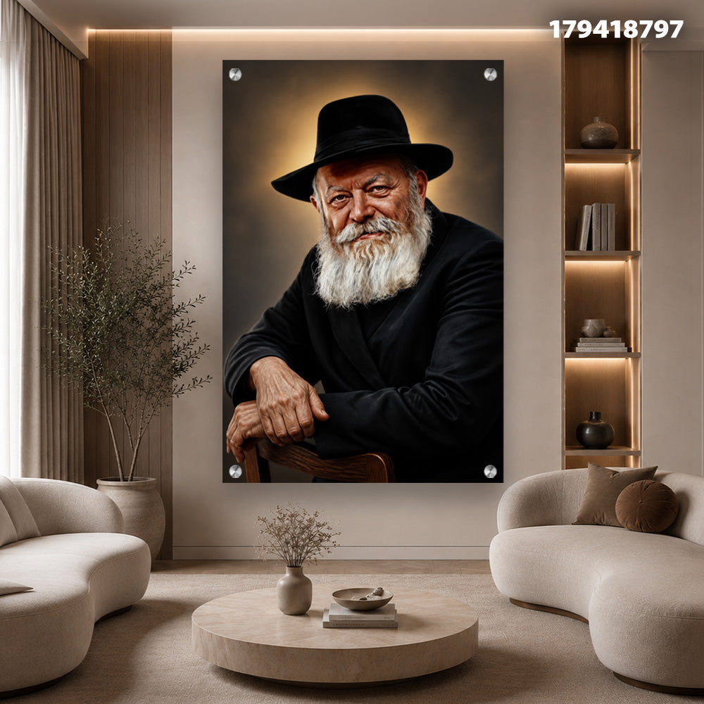 הדפסה על זכוכית - דיוקן רב מזוקן בכובע שחור עם הילה זהובה תמונות זכוכית לסלון תמונות לבית תמונות קיר הדפסה על זכוכית