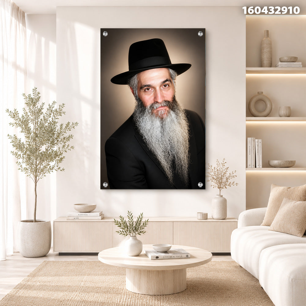 תמונות זכוכית - דיוקן רב מזוקן בכובע שחור עם אור הילה חמים תמונות זכוכית לסלון תמונות לבית תמונות קיר הדפסה על זכוכית