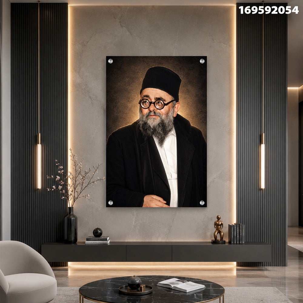 הדפסה על זכוכית - דיוקן רב יהודי בכובע שחור וזהב חמים תמונות זכוכית לסלון תמונות לבית תמונות קיר הדפסה על זכוכית