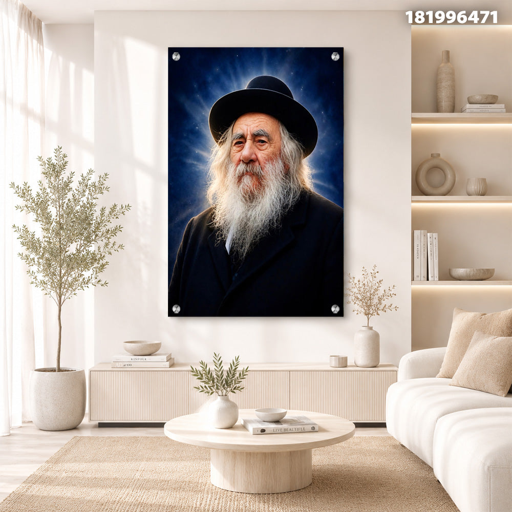 תמונות זכוכית - דיוקן רב מזוקן עם הילה כחולה תמונות זכוכית לסלון תמונות לבית תמונות קיר הדפסה על זכוכית