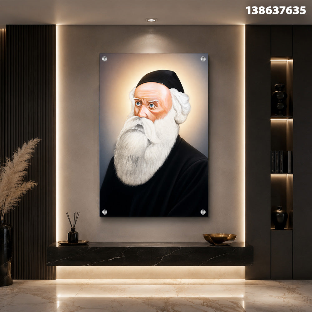 תמונות זכוכית - דיוקן רב מזוקן עם כיפה שחורה והילה זהובה רכה תמונות זכוכית לסלון תמונות לבית תמונות קיר הדפסה על זכוכית