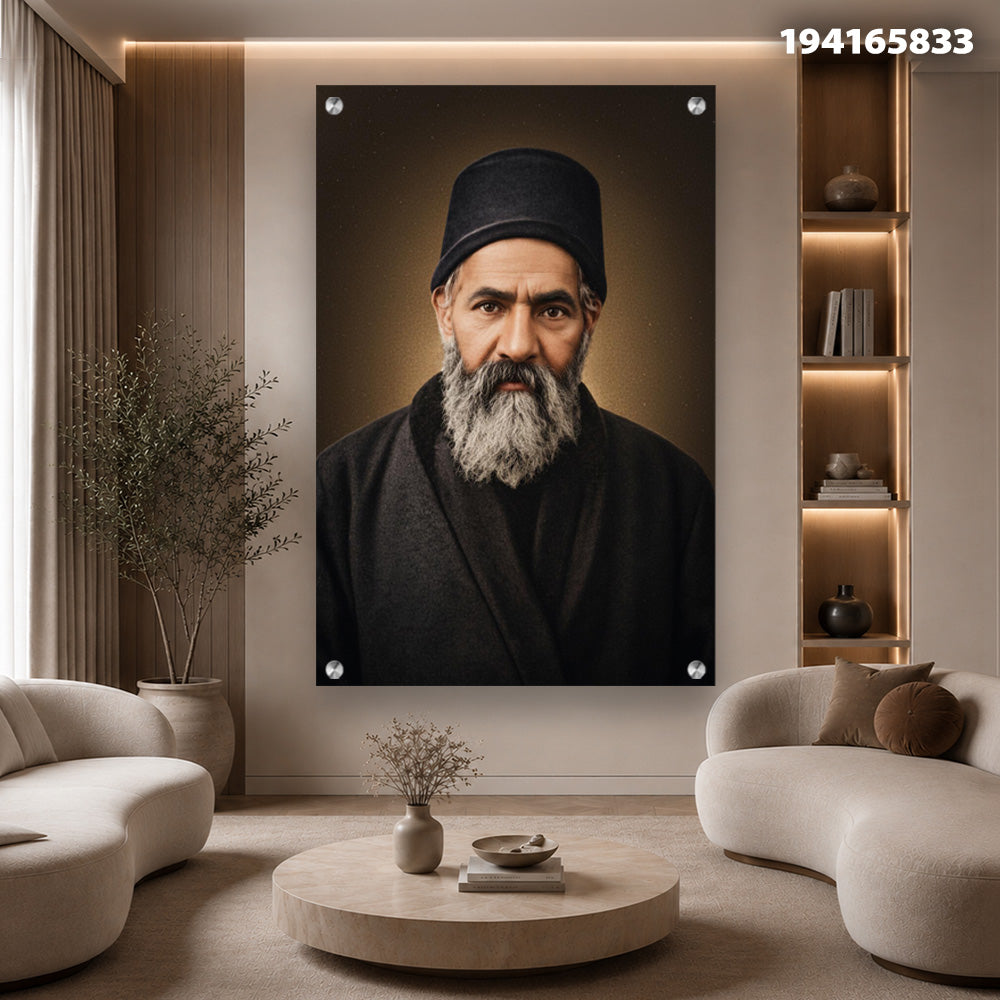 תמונות זכוכית - דיוקן רב מזוקן בכובע שחור על רקע זהב מעושן תמונות זכוכית לסלון תמונות לבית תמונות קיר הדפסה על זכוכית