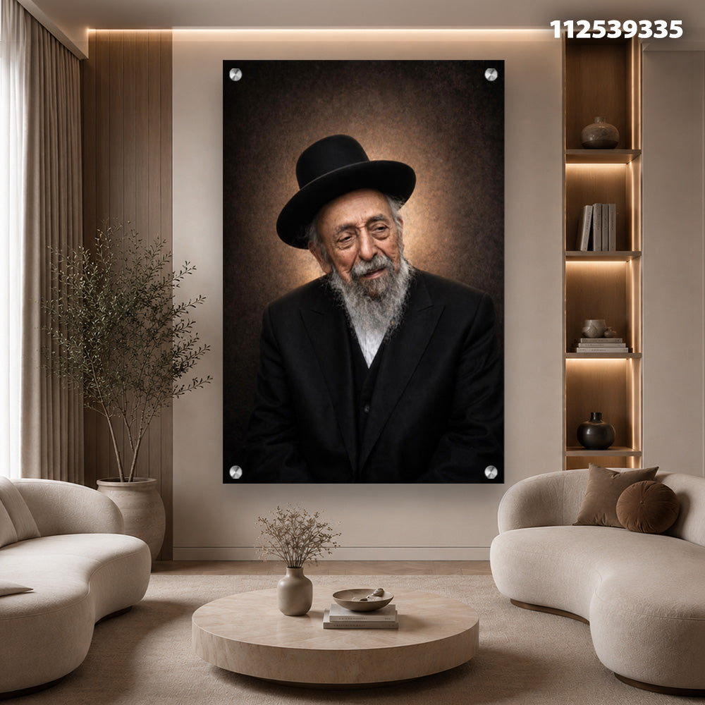 הדפסה על זכוכית - דיוקן רב מזוקן בכובע שחור על רקע זהוב דרמטי תמונות זכוכית לסלון תמונות לבית תמונות קיר הדפסה על זכוכית
