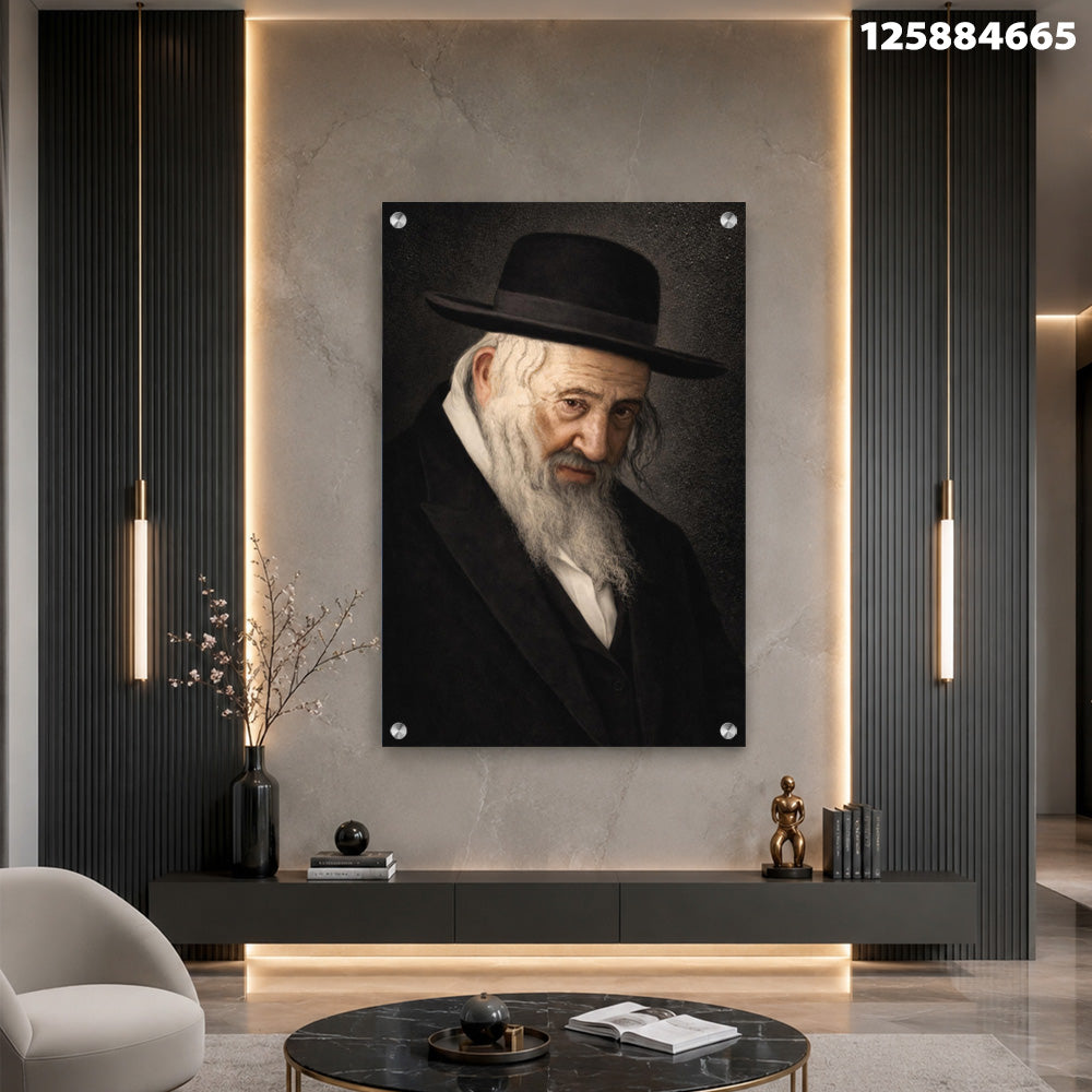 תמונות זכוכית - דיוקן רב יהודי בכובע שחור ונגיעה זהובה תמונות זכוכית לסלון תמונות לבית תמונות קיר הדפסה על זכוכית